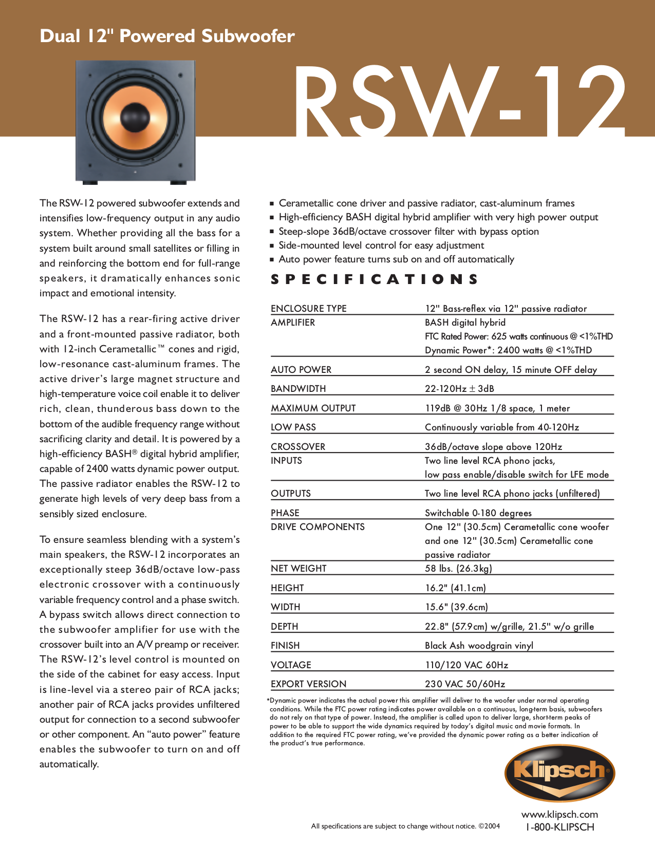 Download free pdf for Klipsch RSW12 Subwoofer manual