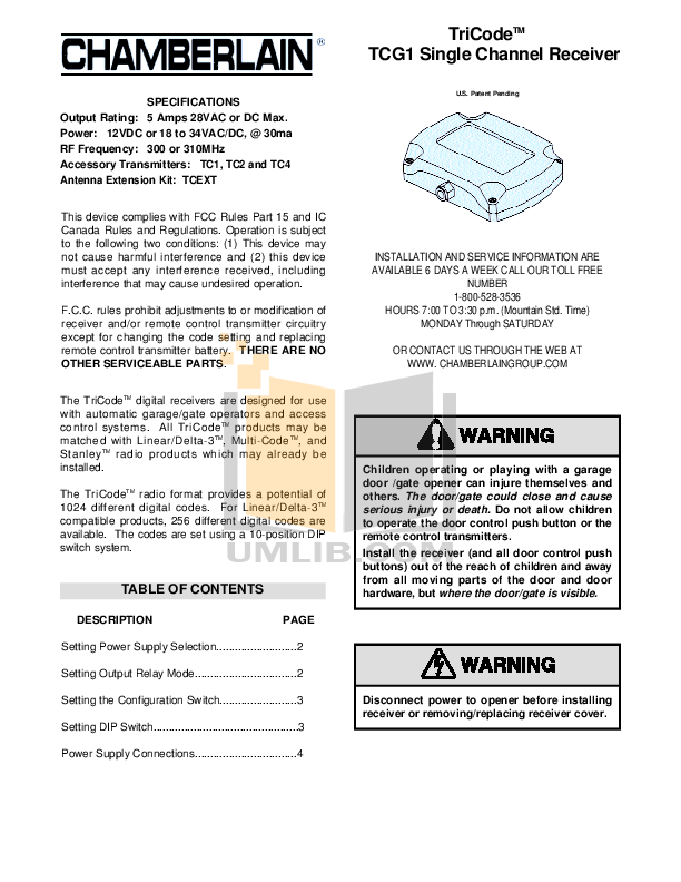 Download free pdf for Chamberlain TriCode TC1 Transmitters Other manual