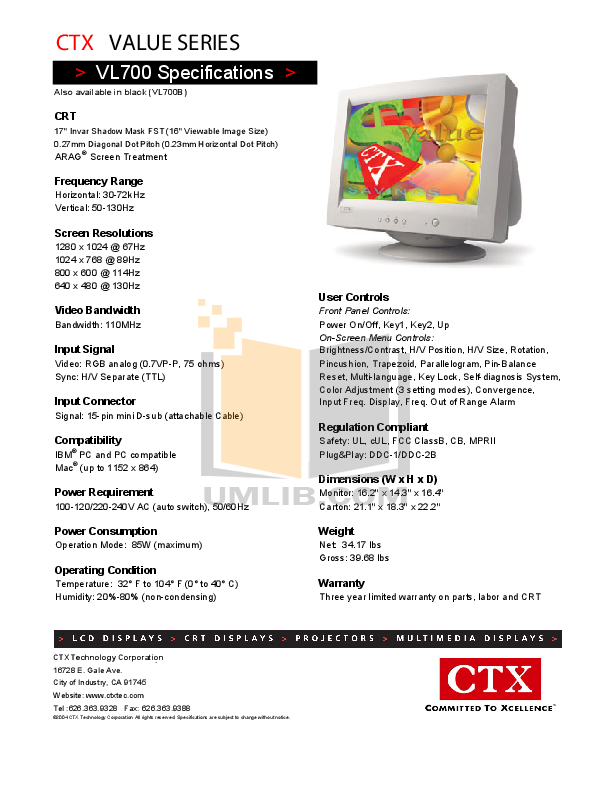 pdf for CTX Monitor VL700S manual