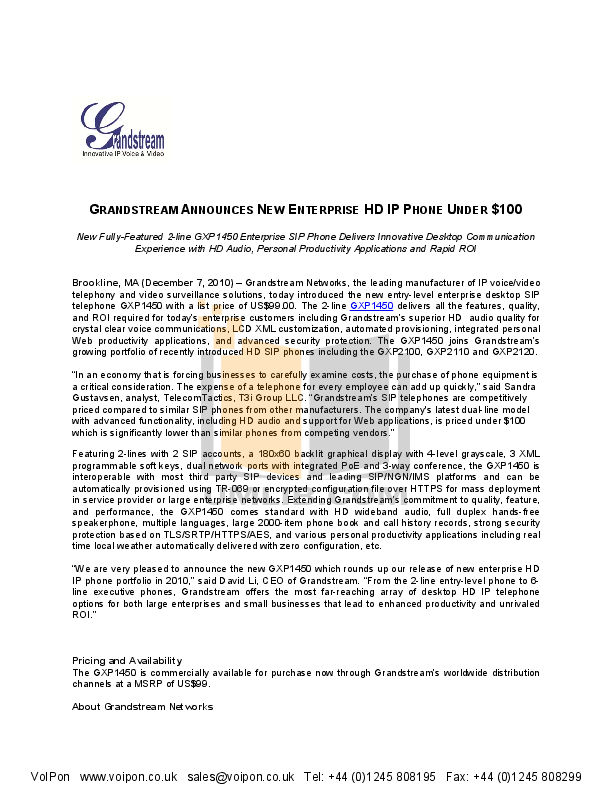 Download free pdf for Grandstream GXP1450 Telephone manual