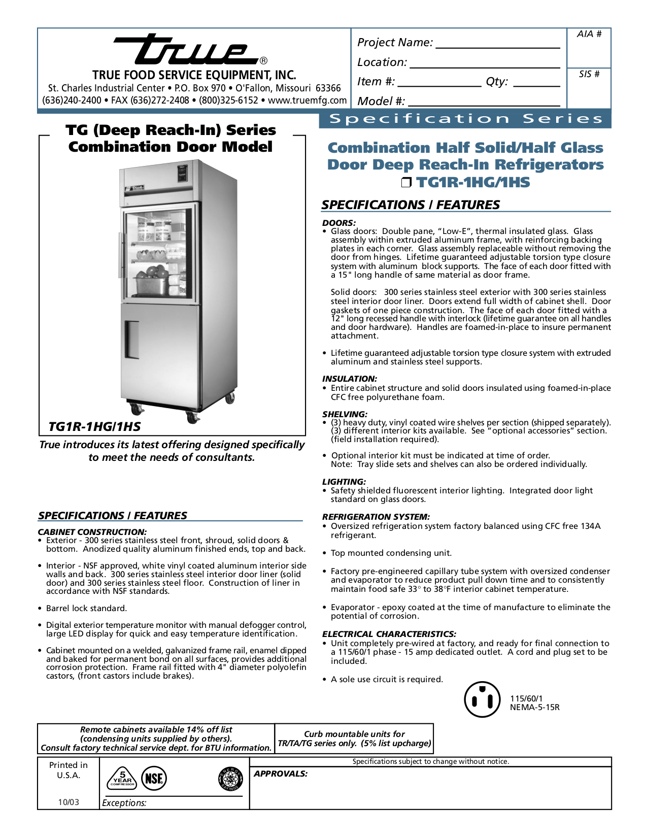 pdf for True Refrigerator TG1R-1HG-1HS manual