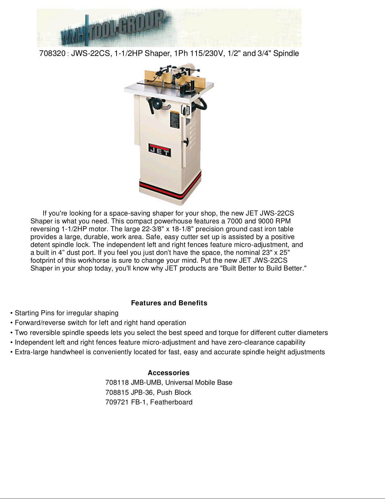 Download free pdf for Jet JWS22CS Shapers Other manual