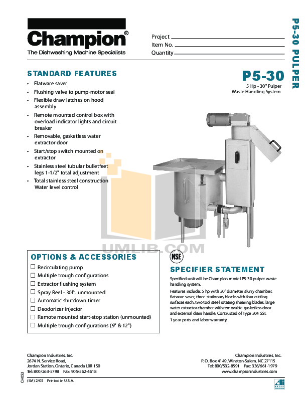 pdf for Champion Other P5-30 Waste Handling Systems manual