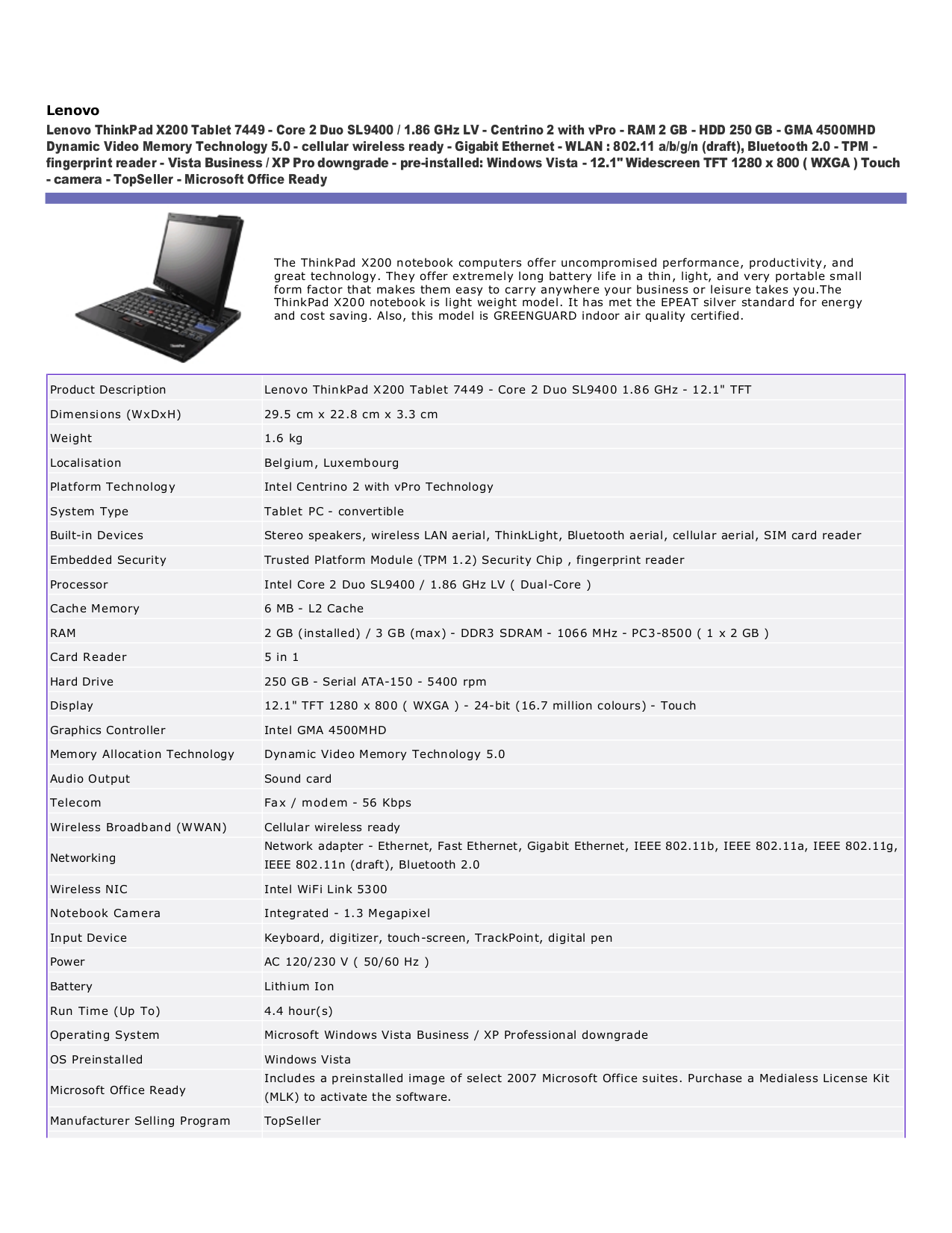 Download free pdf for Lenovo ThinkPad X200 Tablet 7449 Laptop manual