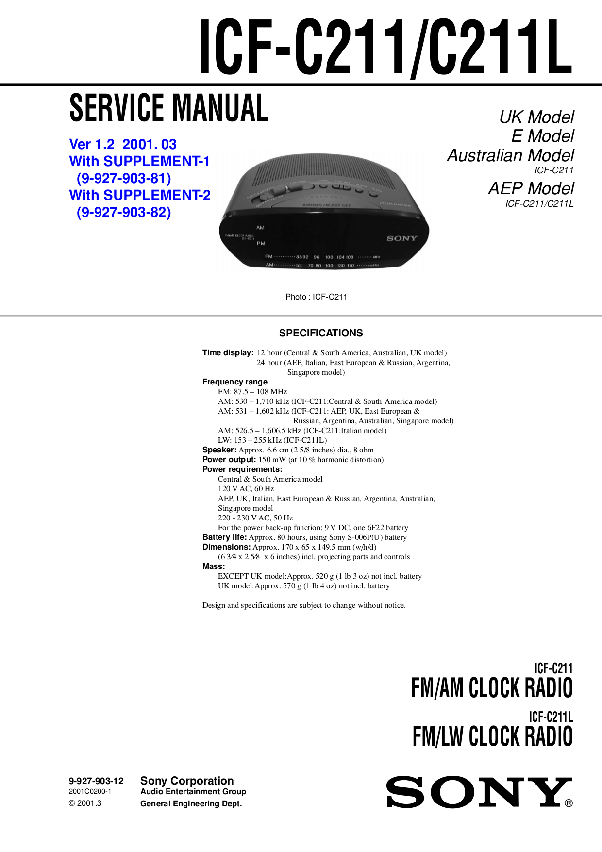 PDF manual for Sony Clock Radio ICFC211