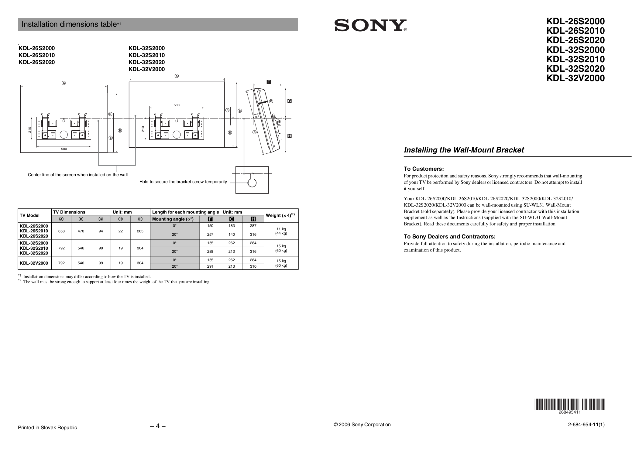 PDF manual for Sony TV BRAVIA KDL32V2000