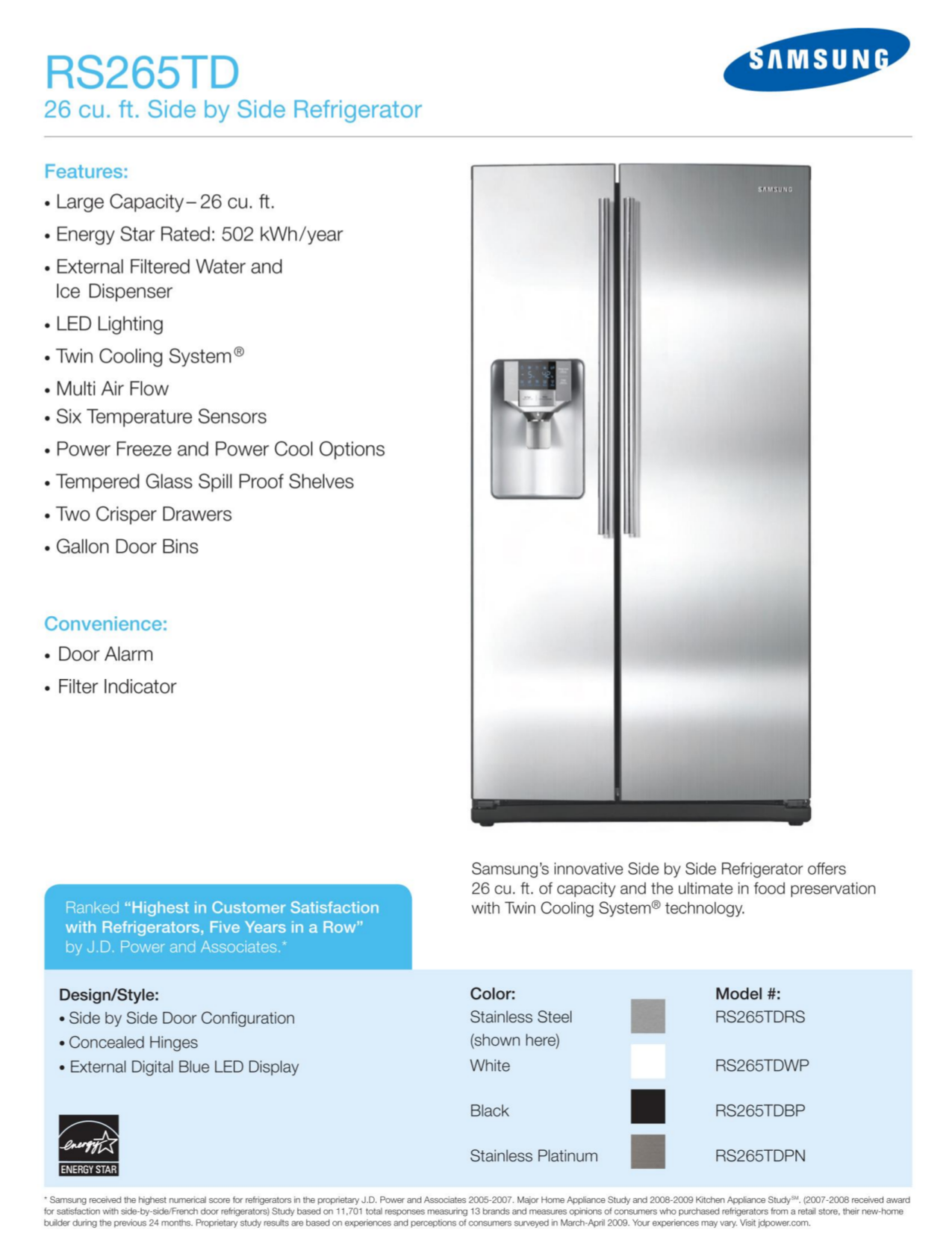 Download free pdf for Samsung RS265TDRS Refrigerator manual