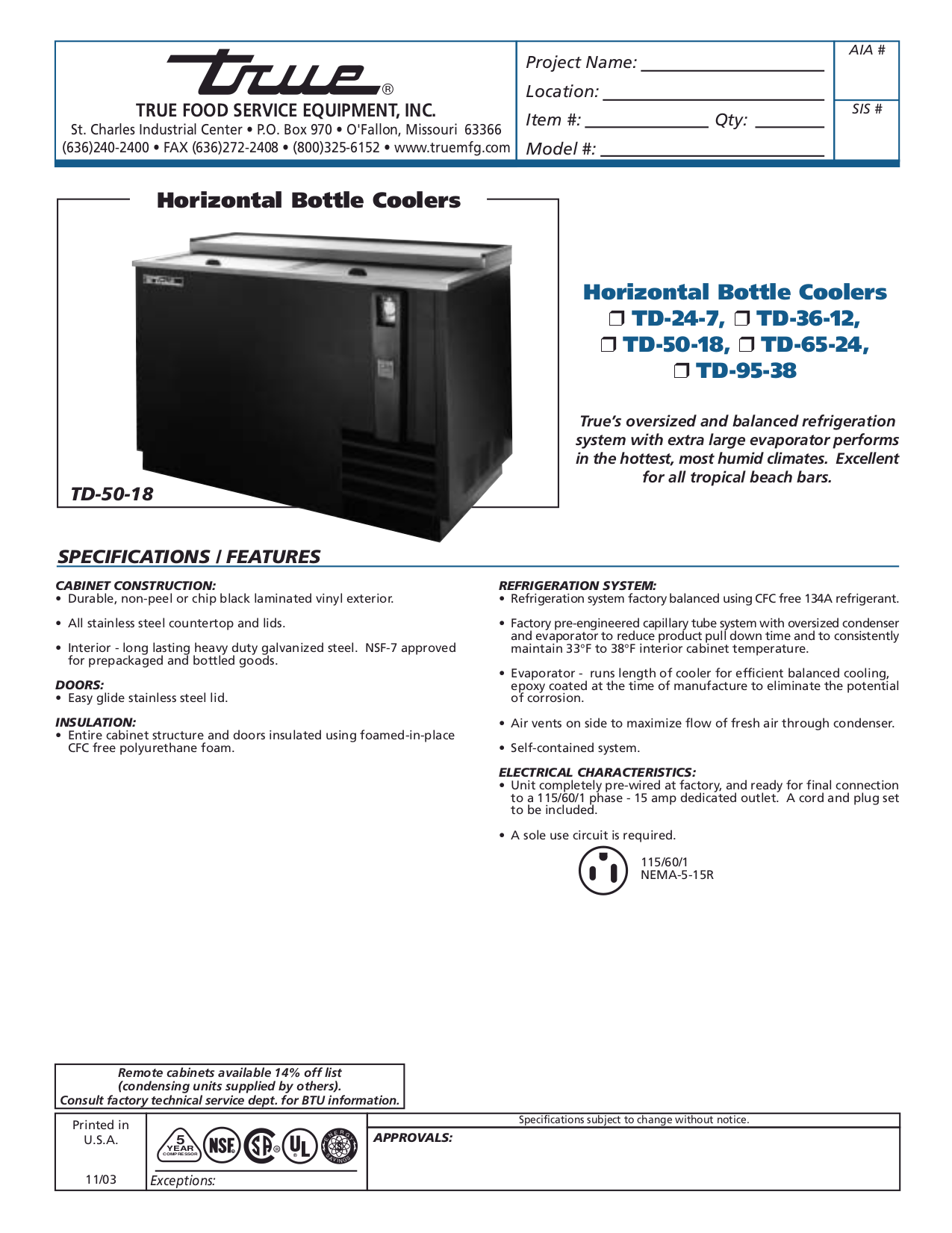 pdf for True Refrigerator TD-50-18 manual