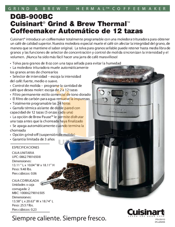 Download Free Pdf For Cuisinart DGB-900BC Coffee Maker Manual