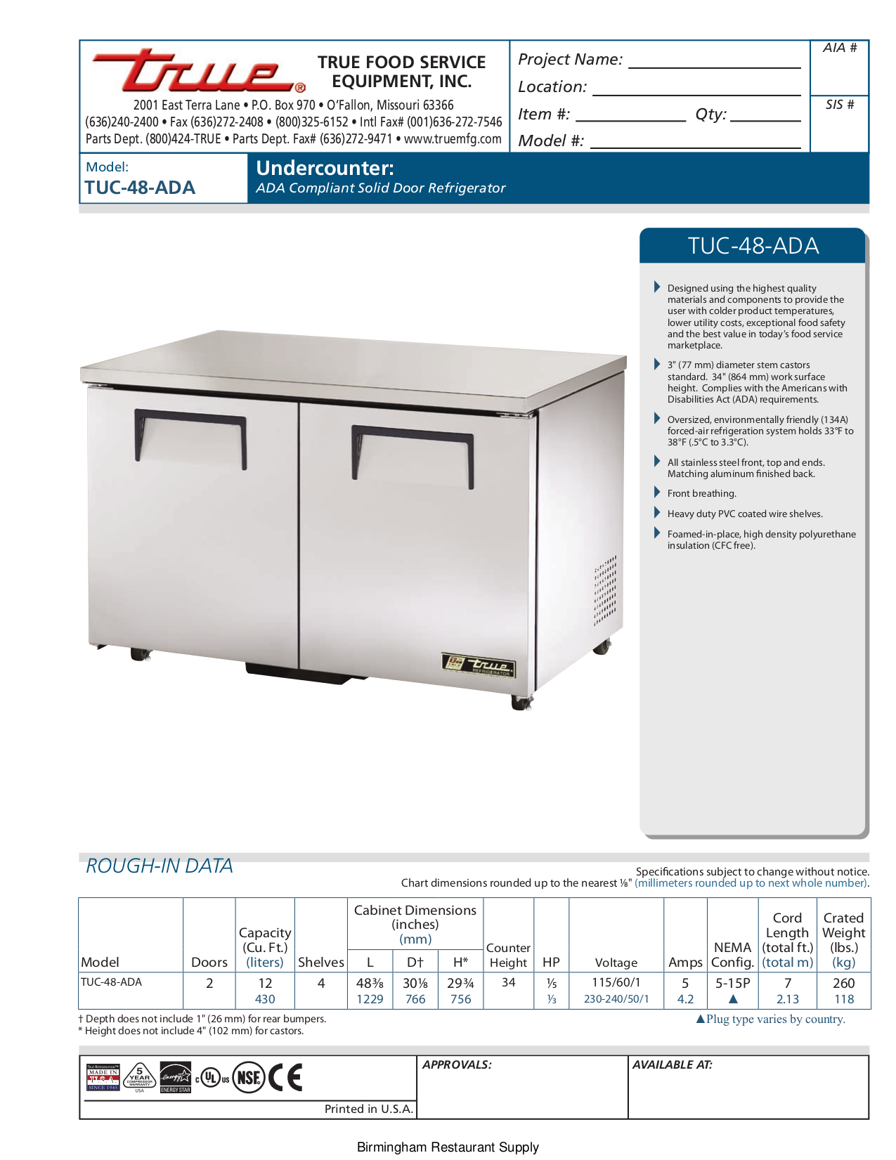 pdf for True Refrigerator TUC-48 manual