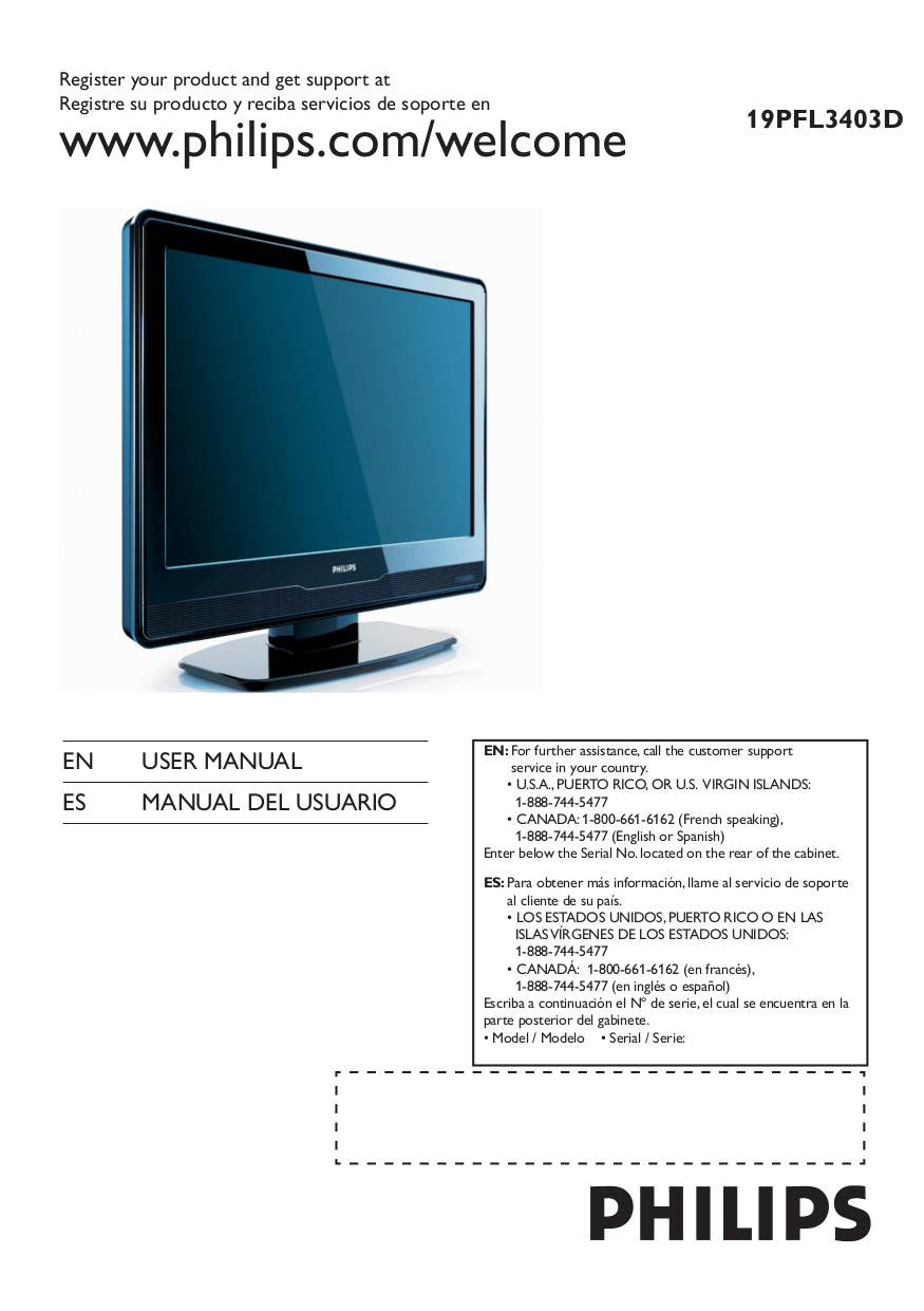 Download free pdf for Philips 19PFL3403D TV manual