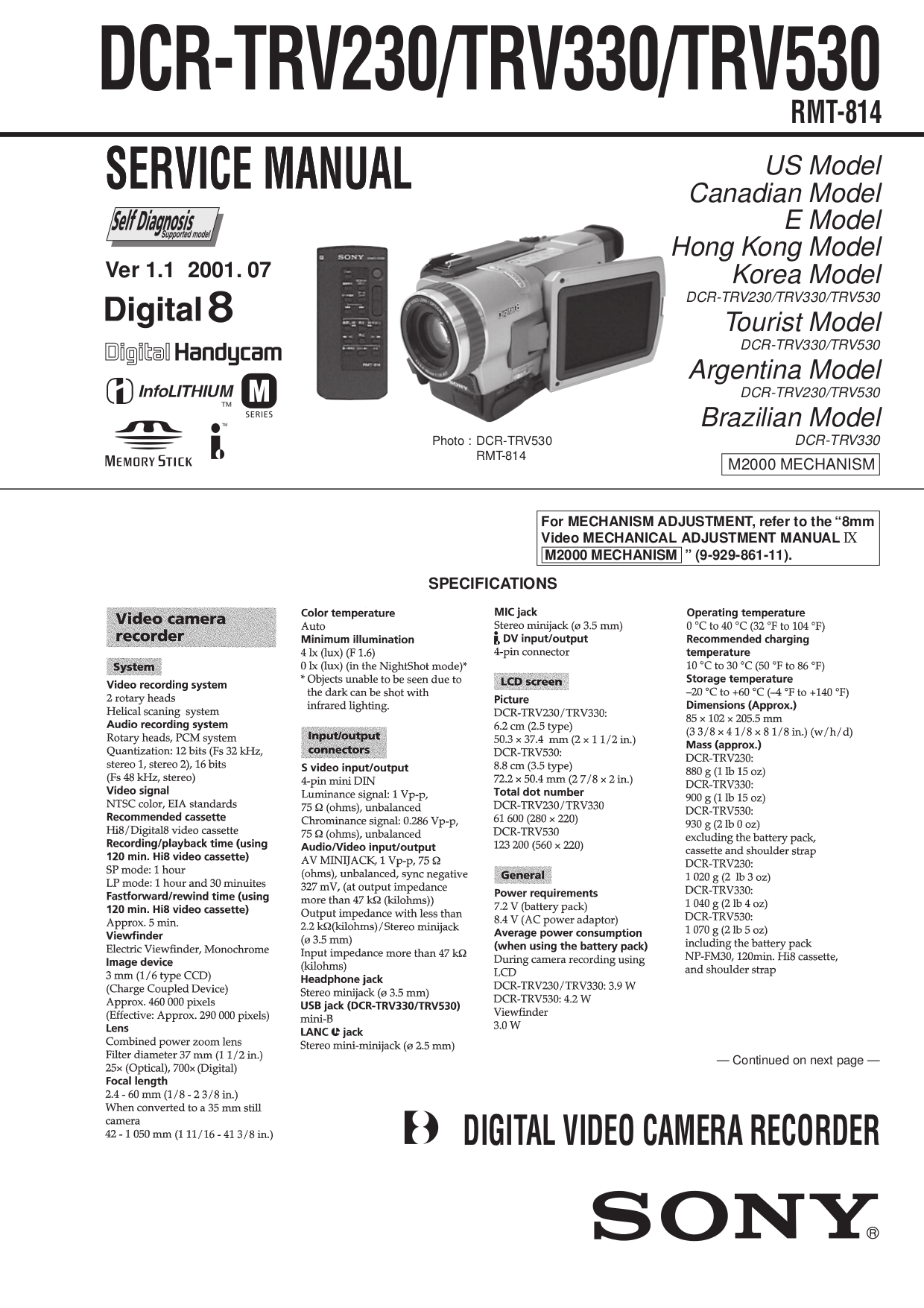 Download free pdf for Sony Handycam DCR-TRV230 Camcorders manual