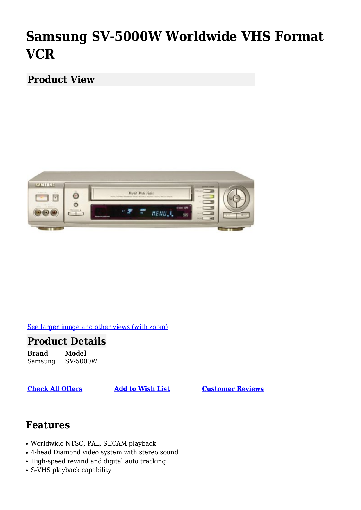Download free pdf for Samsung SV5000W VCR manual