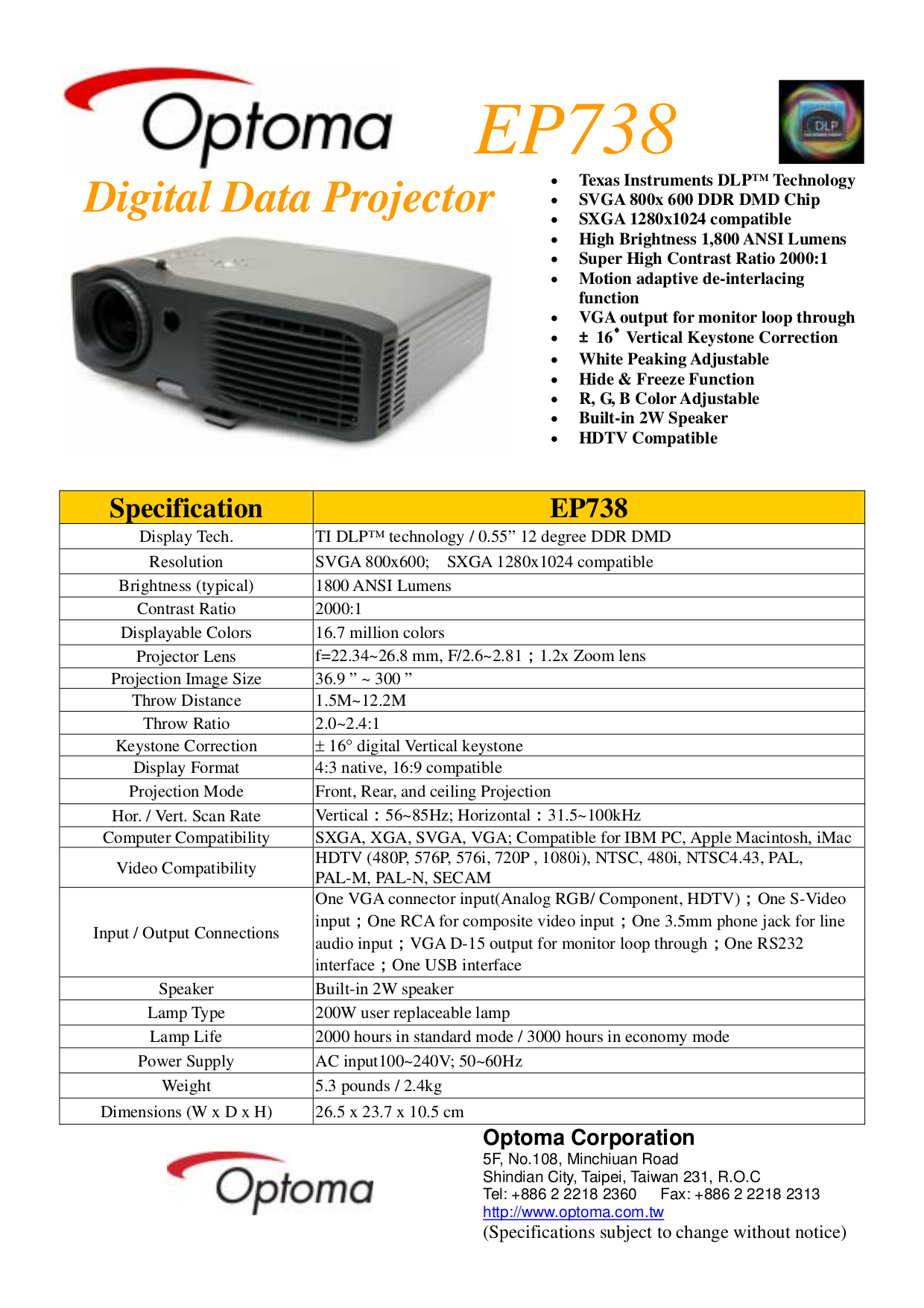 Download free pdf for Optoma EP738 Projector manual