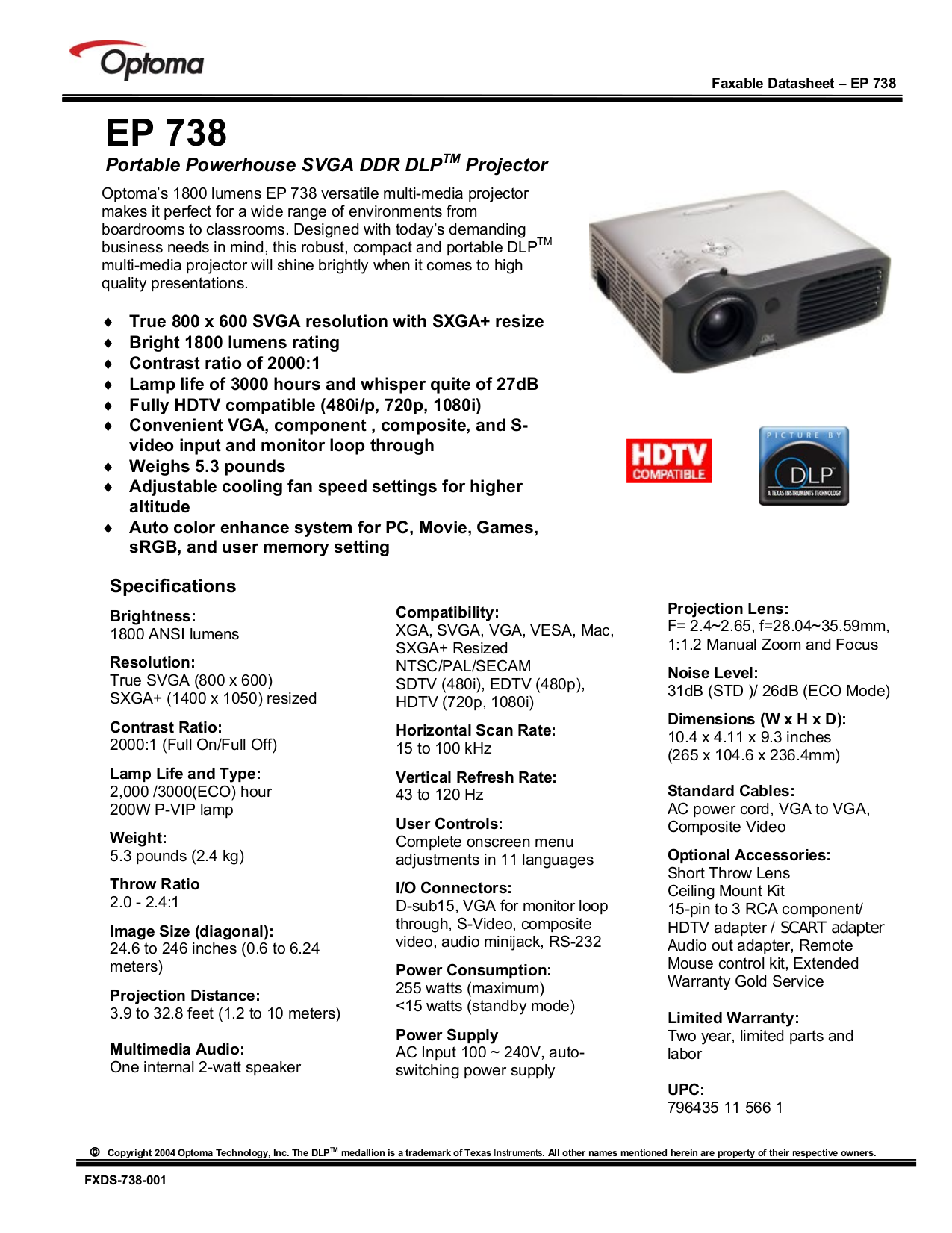 Download free pdf for Optoma EP738 Projector manual