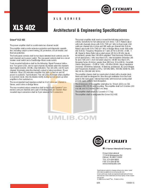 Download free pdf for Crown XLS 402 Amp manual