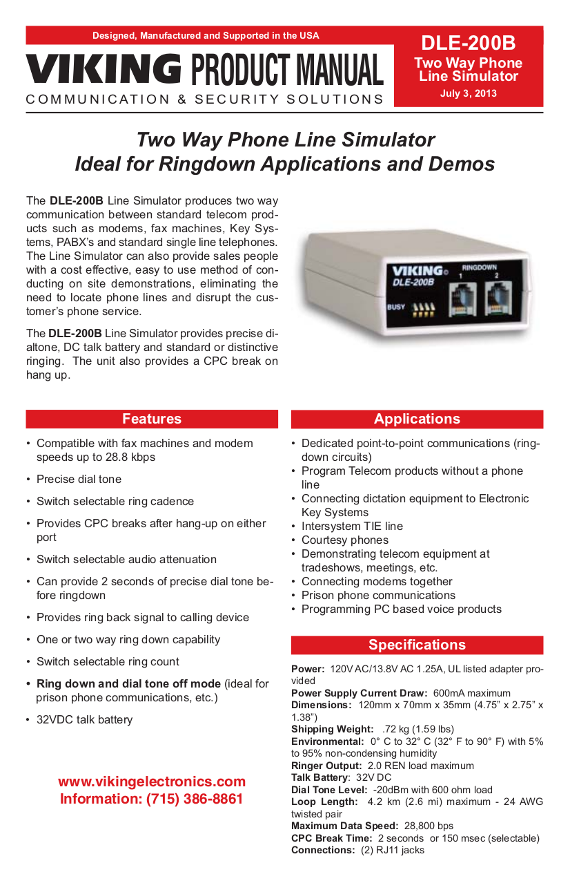 PDF manual for Viking Other DLE200B Phone Line Simulator