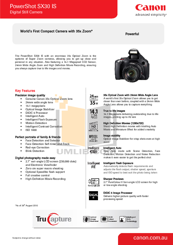 Download free pdf for Canon Powershot SX30 IS Digital Camera manual
