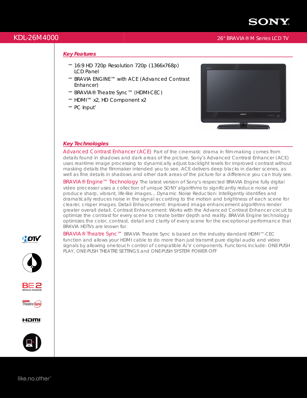 Download Free Pdf For Sony BRAVIA KDL-26M4000 TV Manual