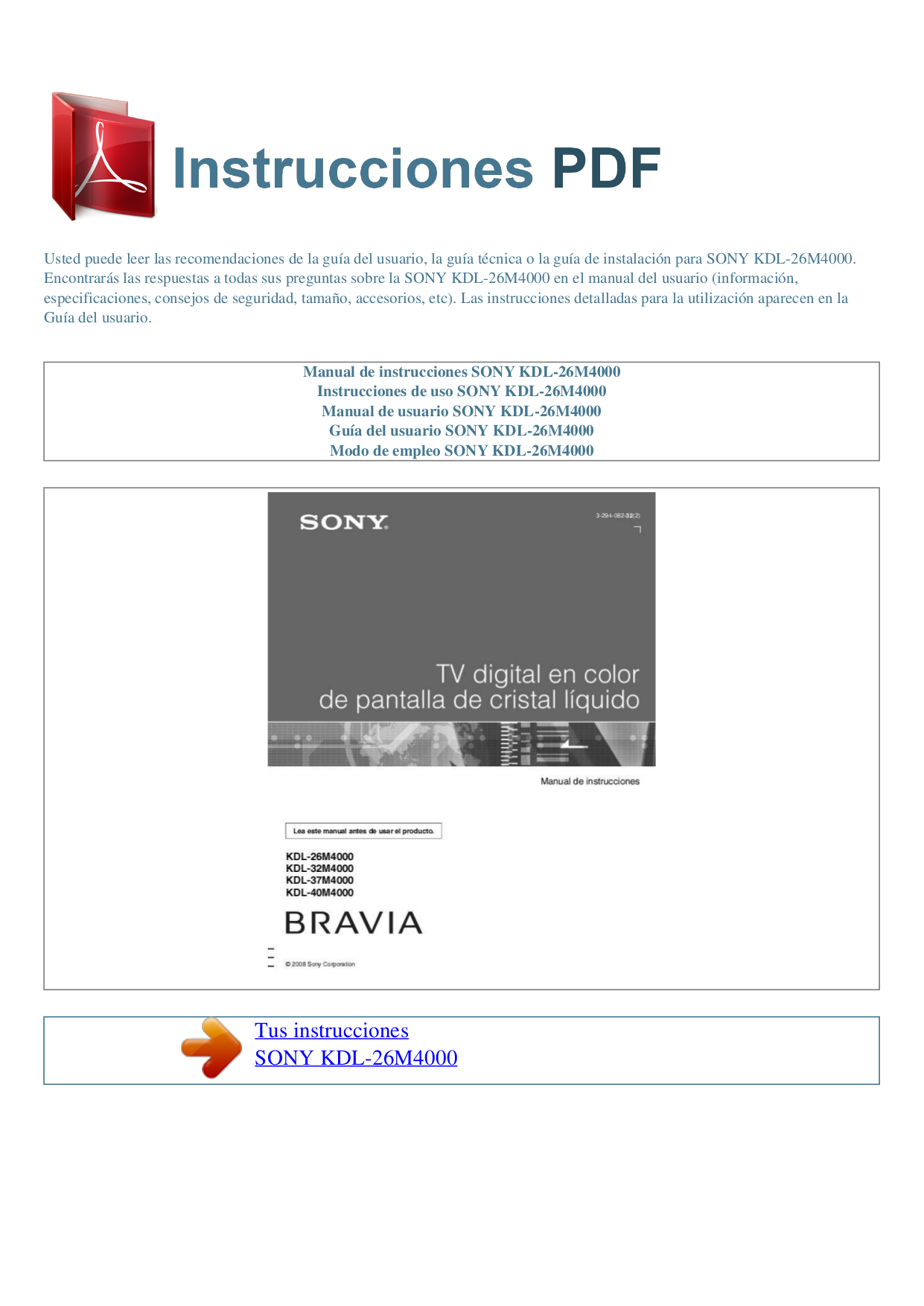 Download Free Pdf For Sony BRAVIA KDL-26M4000 TV Manual