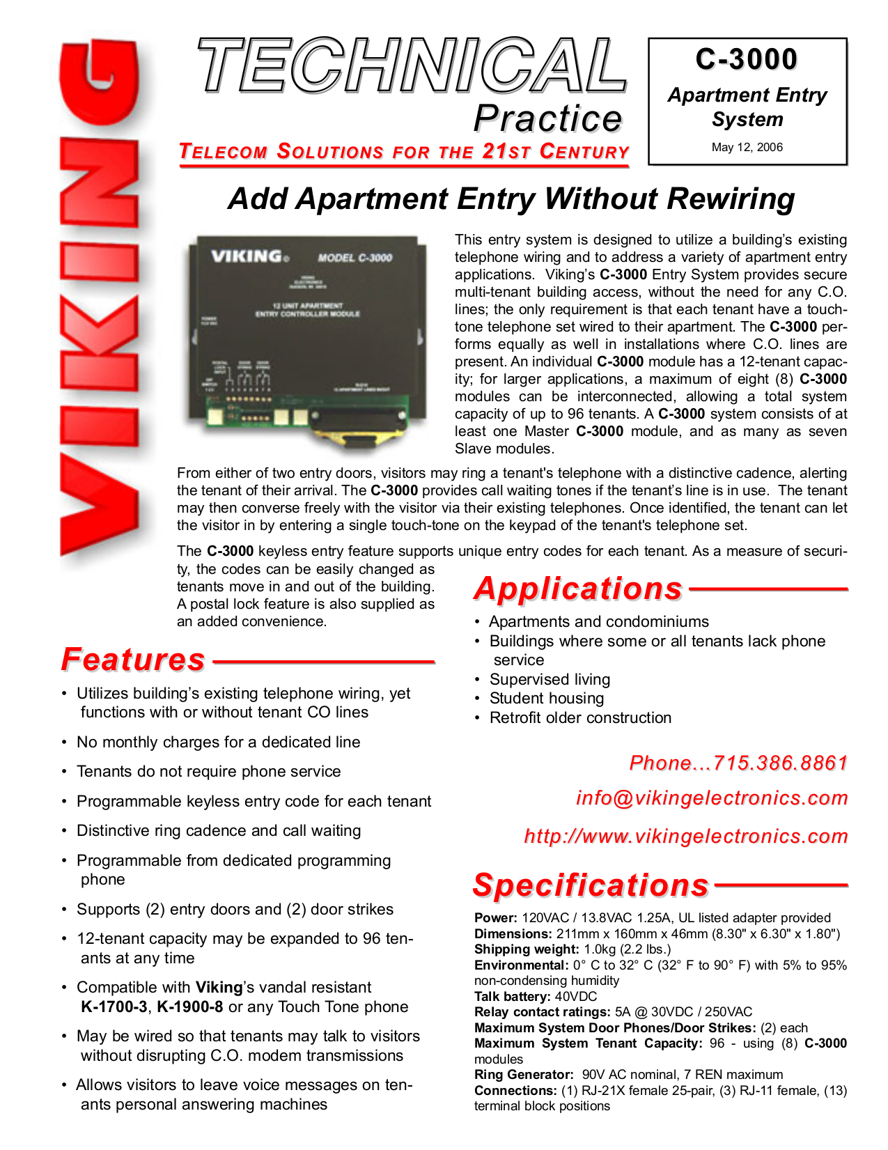 Download free pdf for Viking K-1700-3-BN Entry Systems Other manual