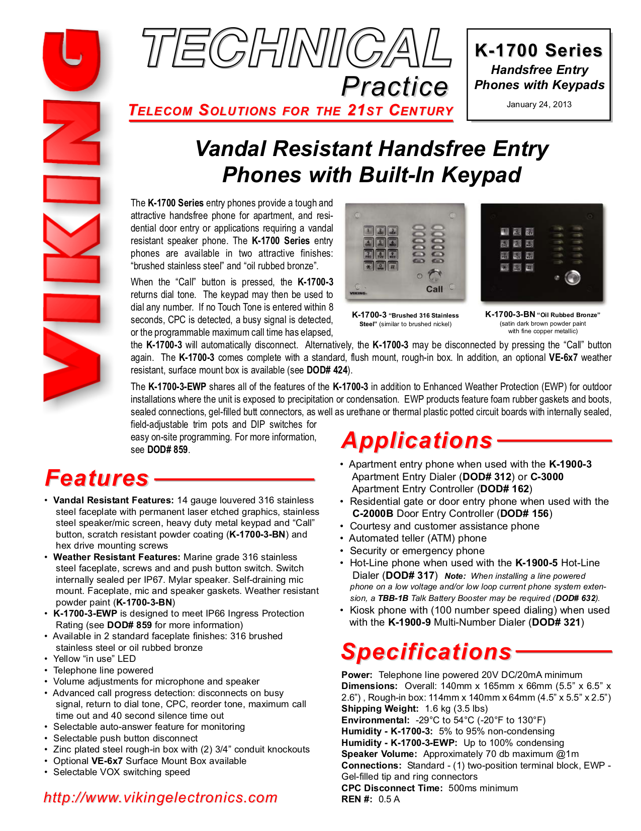 Download free pdf for Viking K-1700-3-BN Entry Systems Other manual