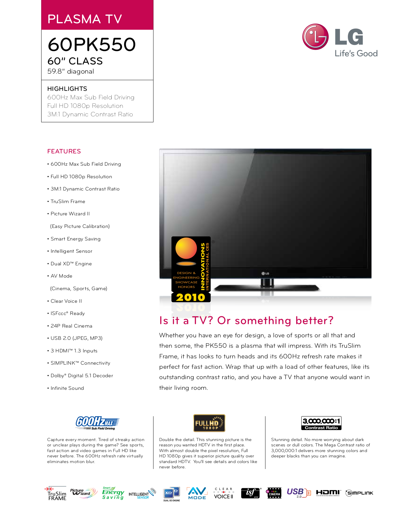 Download free pdf for LG 60PK550 TV manual