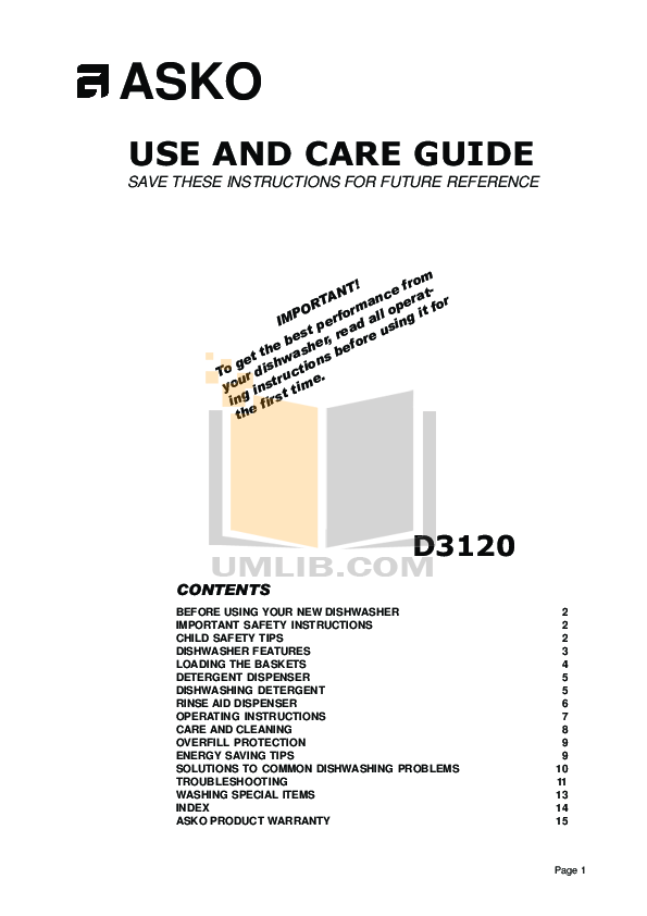 PDF manual for Asko Dishwasher D3120