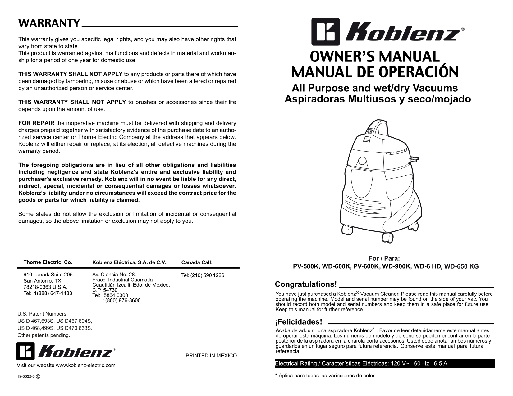 PDF manual for Koblenz Vacuum PV500 K