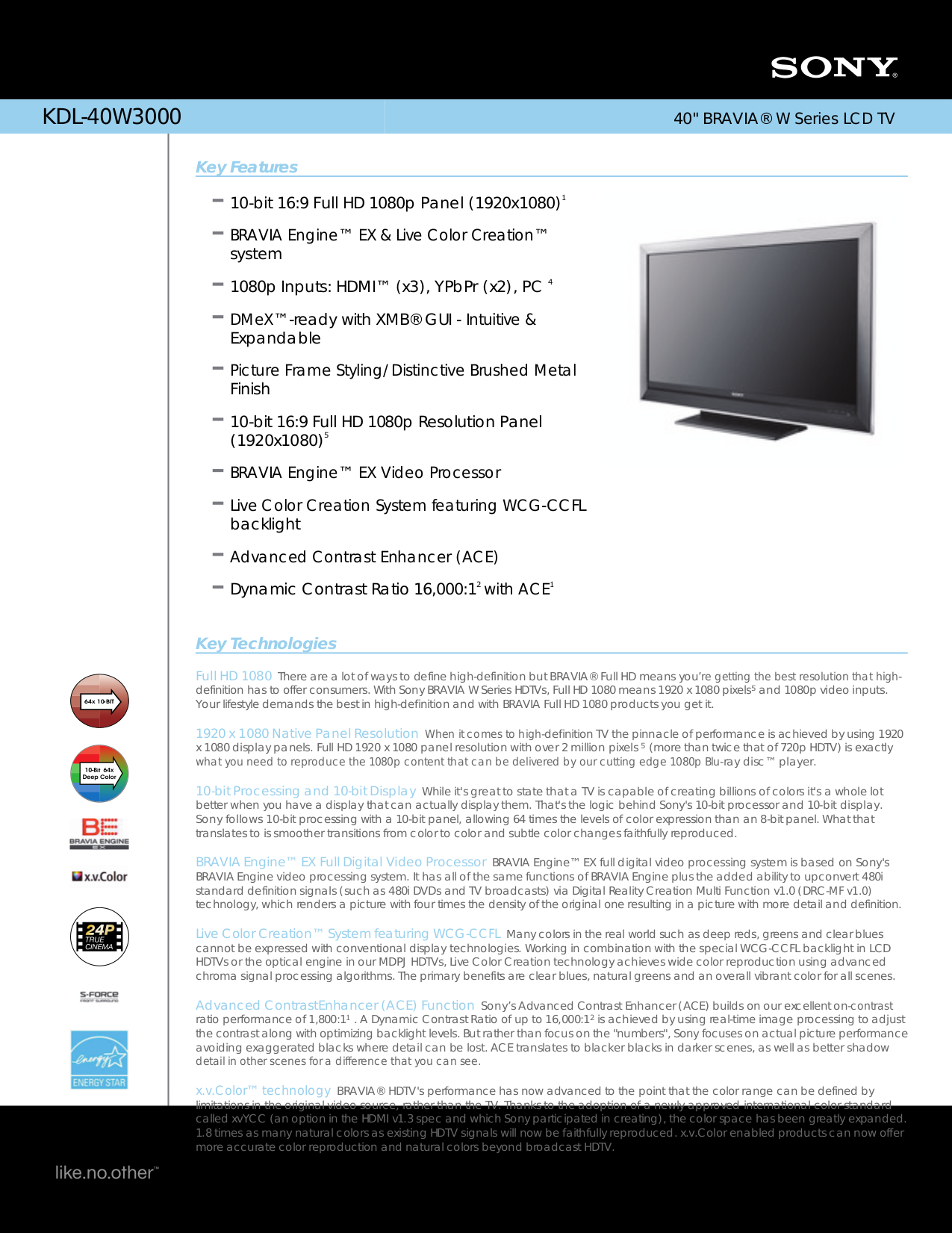 Download free pdf for Sony BRAVIA KDL-40W3000 TV manual