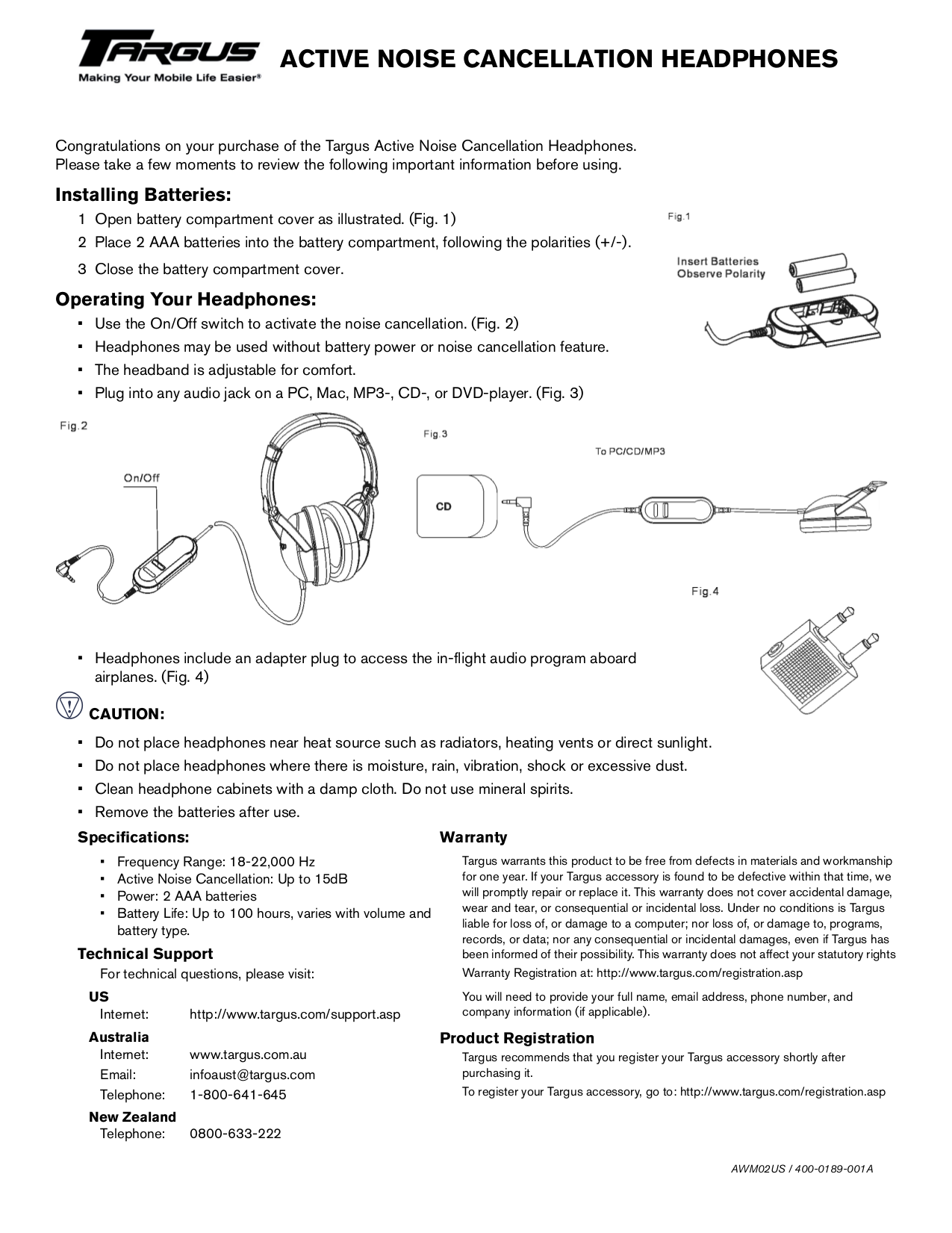 pdf for Targus Headphone AWM02US manual