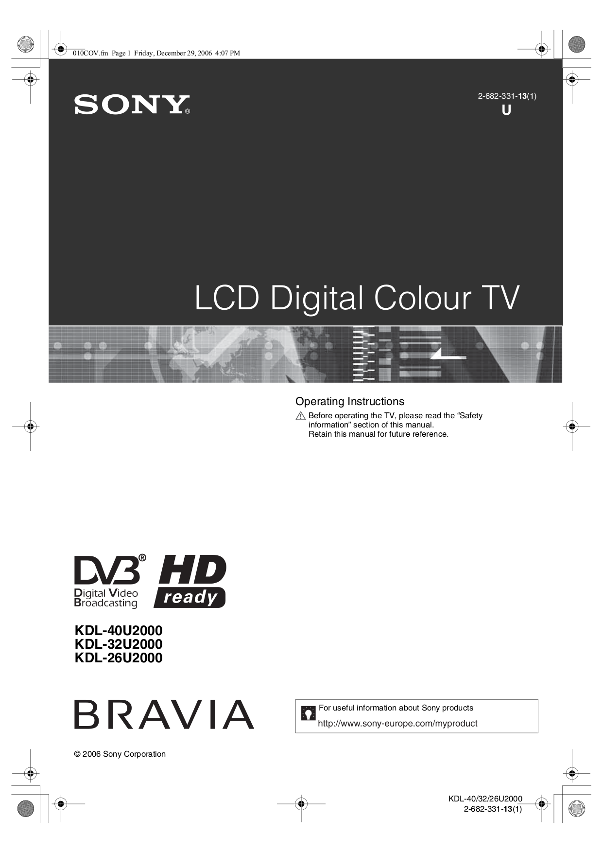 Download free pdf for Sony BRAVIA KDL-26U2000 TV manual