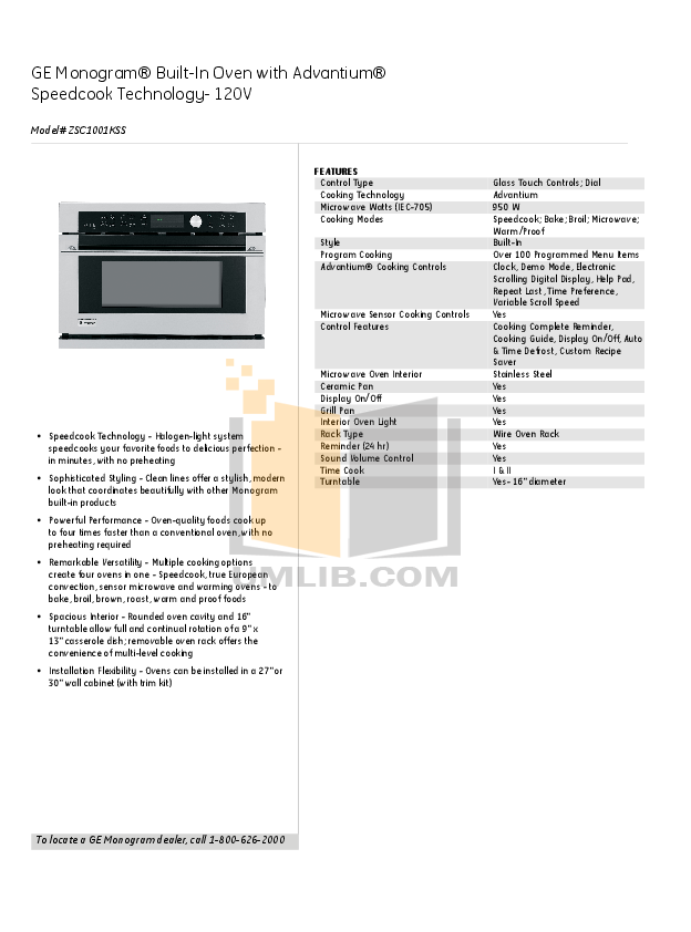 Download free pdf for GE Monogram Advantium ZSC1001KSS Oven manual