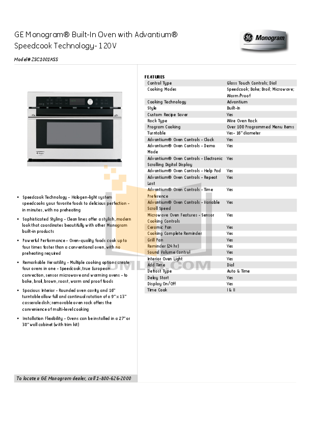 Download free pdf for GE Monogram Advantium ZSC1001KSS Oven manual