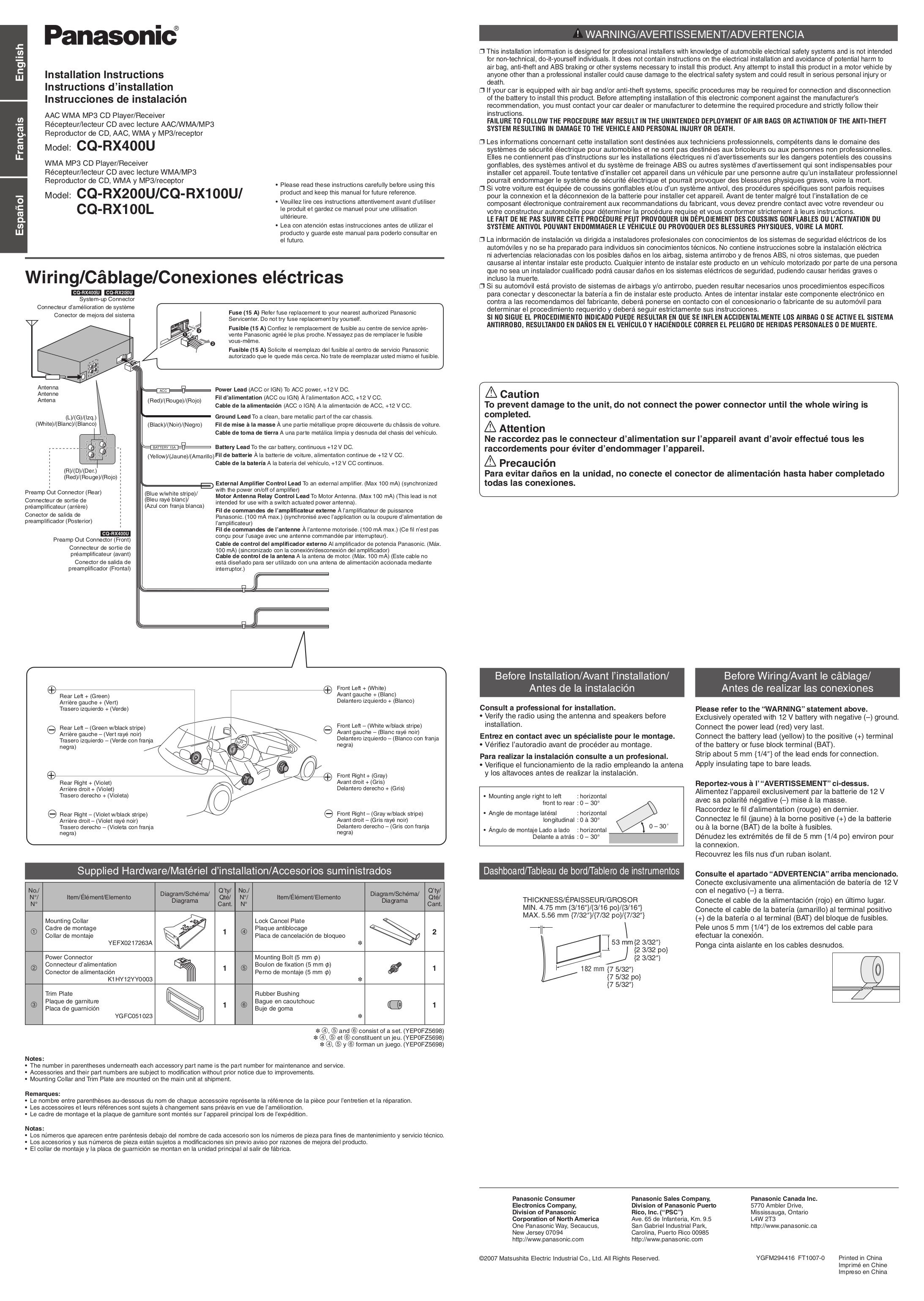 Download free pdf for Panasonic CQ-RX100U Car Receiver manual