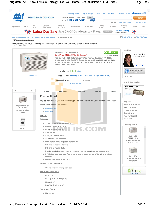 Download free pdf for Frigidaire FAH14ER2T Air Conditioner manual