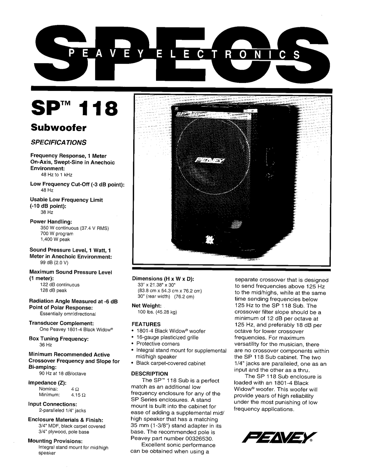 Download Free Pdf For Peavey SP 118 Subwoofer Manual