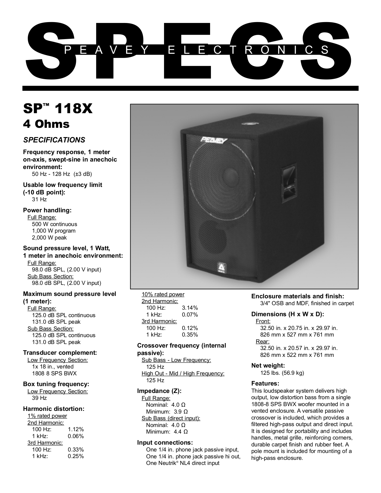 Download Free Pdf For Peavey SP 118 Subwoofer Manual