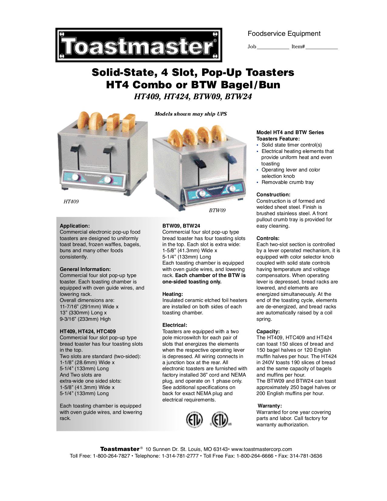 Download free pdf for Toastmaster BTW24 Toaster Other manual