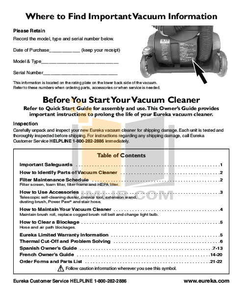 PDF manual for Eureka Vacuum 8853AVZ