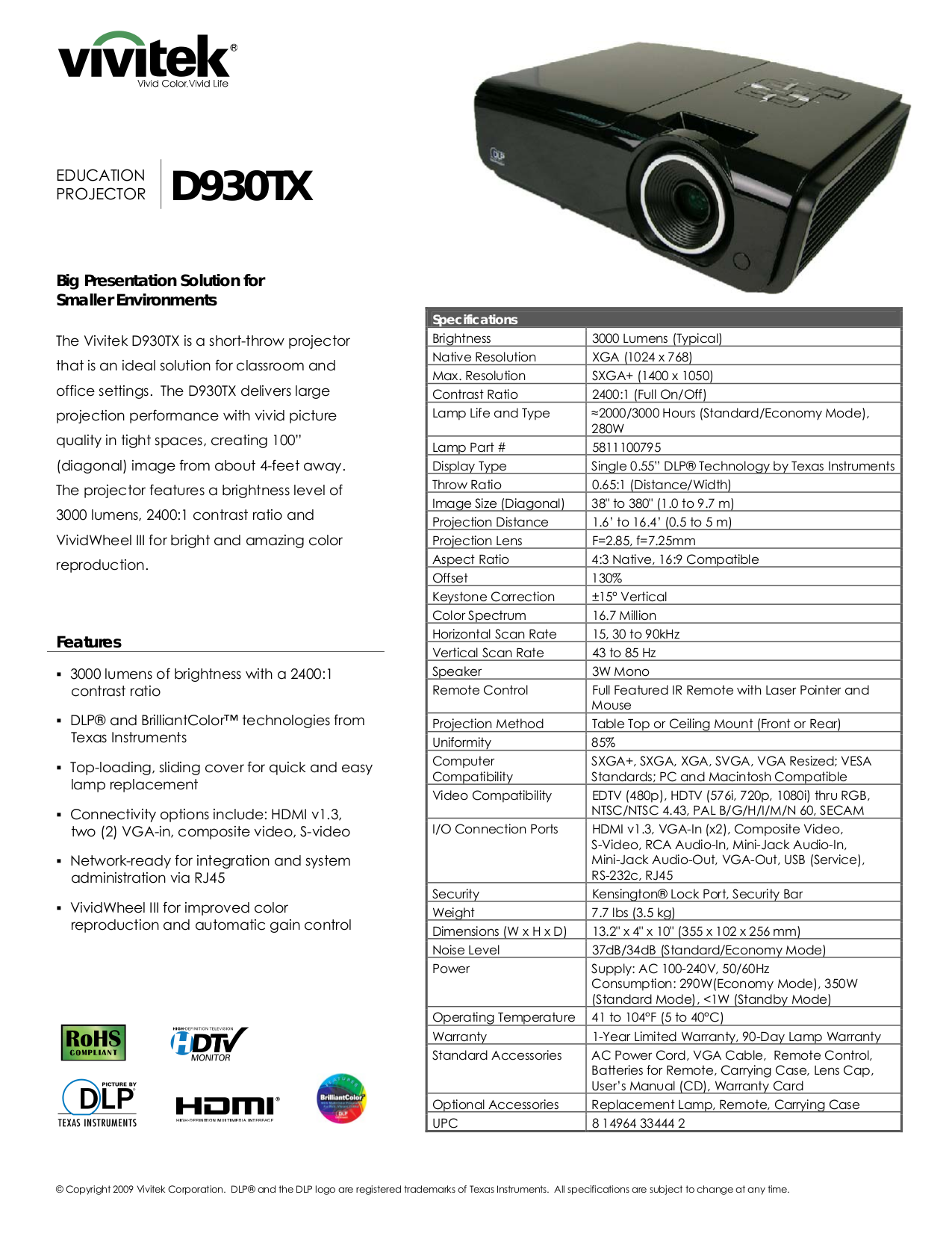 Download free pdf for Vivitek D930TX Projector manual