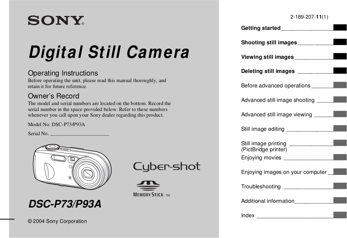 Download Free Pdf For Sony Cybershot,Cyber-shot DSC-P73 Digital Camera ...