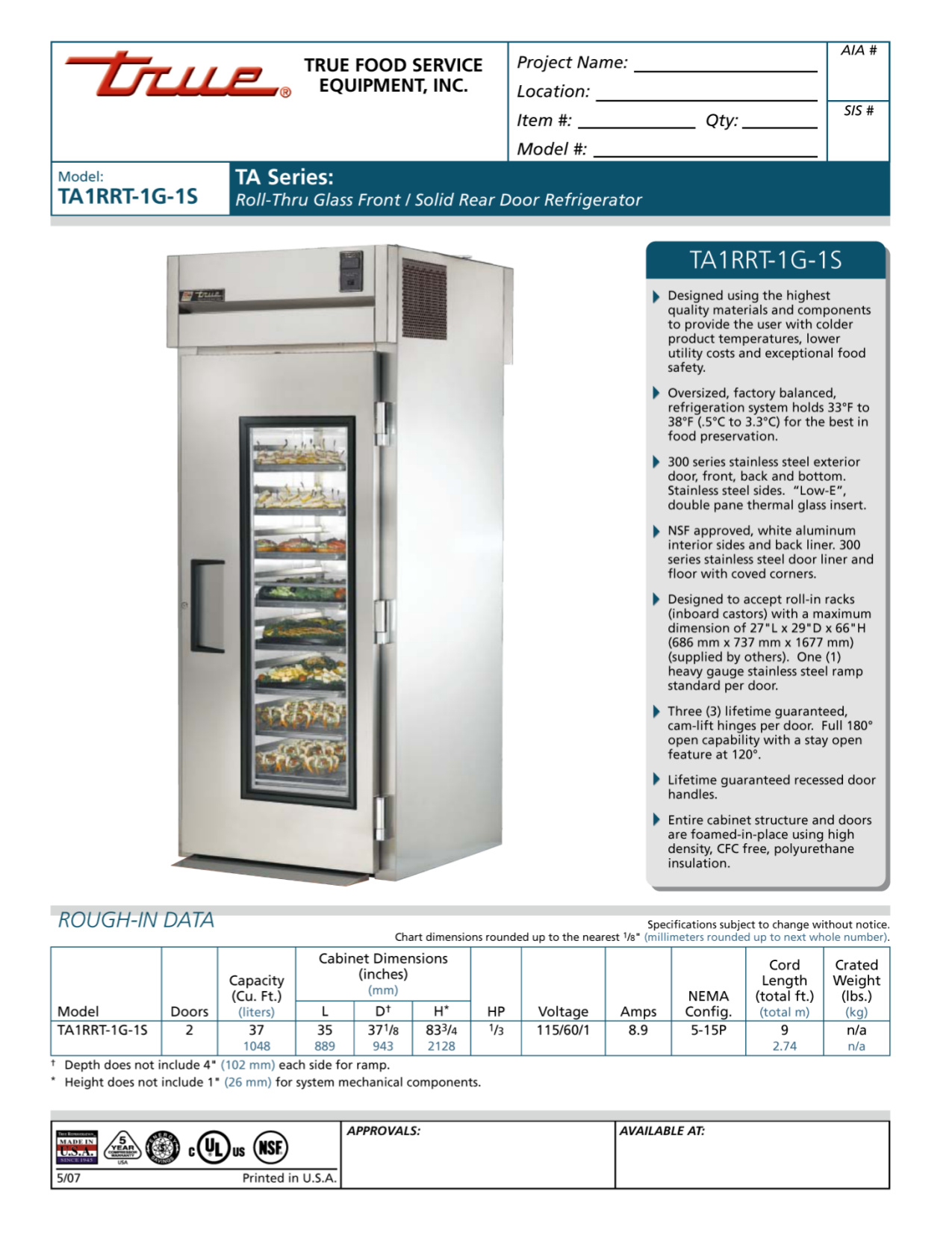 pdf for True Refrigerator TA1RRT-1G-1S manual