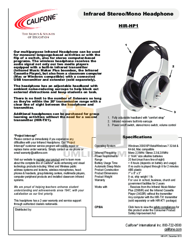 pdf for Califone Boombox 2395IR manual