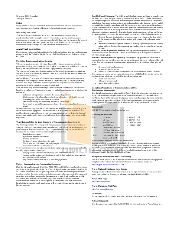PDF manual for Avaya Telephone Definity 8410D