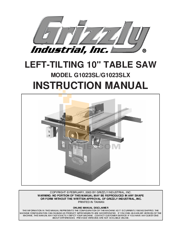 Download Free Pdf For Grizzly G1023sl Table Saw Other Manual