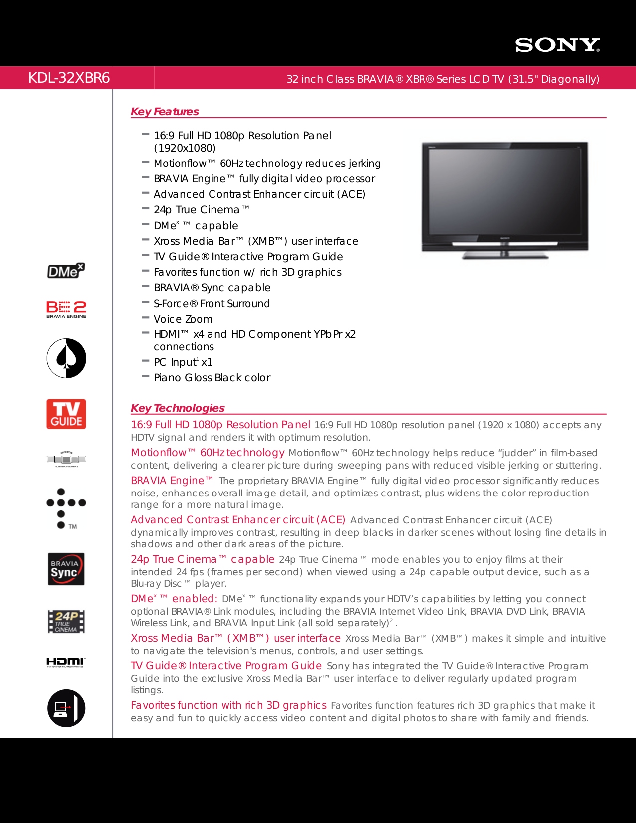 Download Free Pdf For Sony BRAVIA KDL-32XBR6 TV Manual