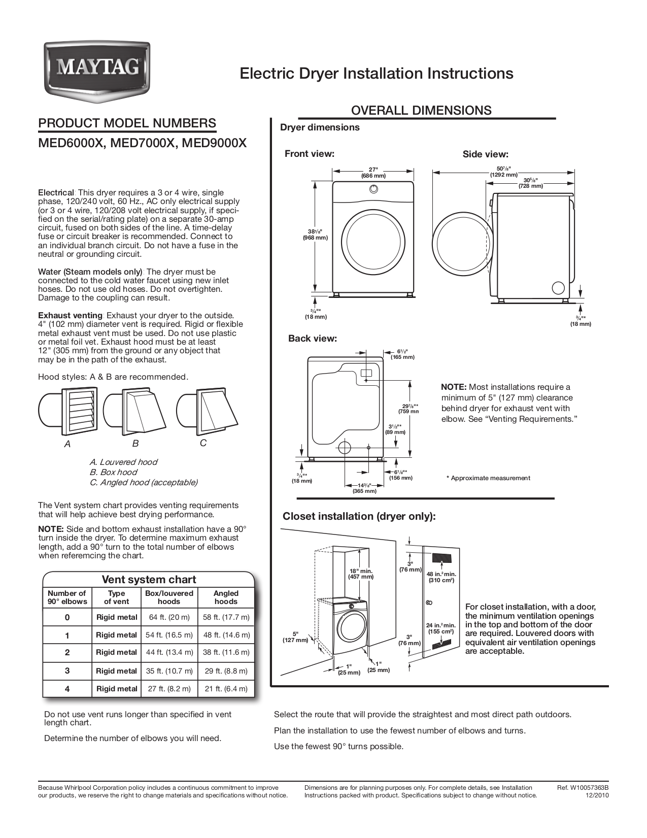Download free pdf for Maytag MED6000X Dryer manual