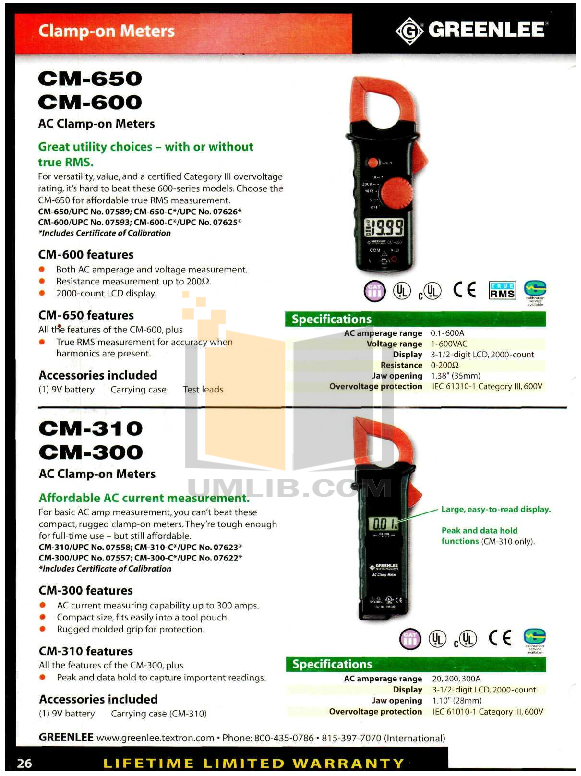 PDF manual for Greenlee Other CM-650 Digital Meters