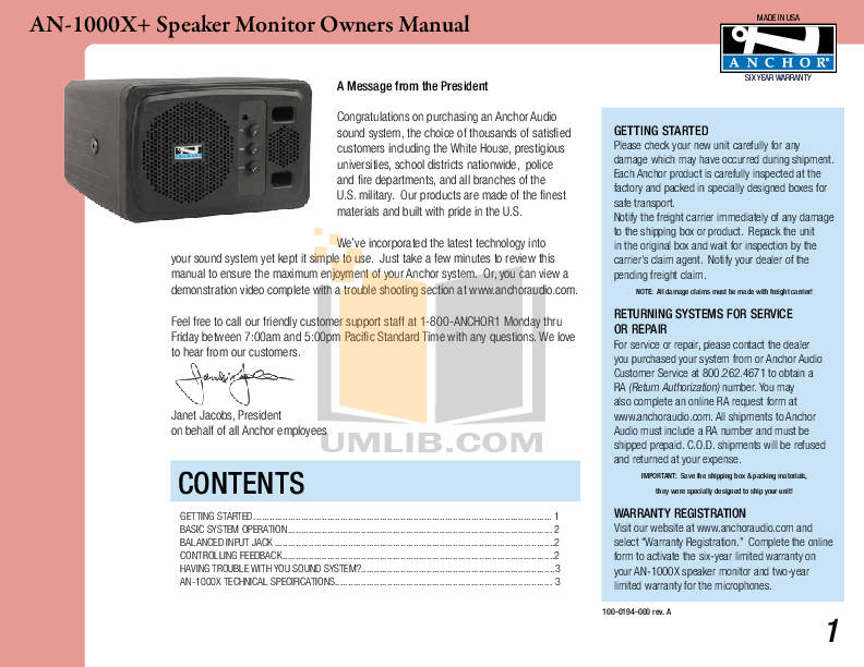 Download free pdf for Anchor AN-1000X Speaker manual